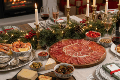 Bandeja de aperitivos navideños de marisco, queso y embutido con vino